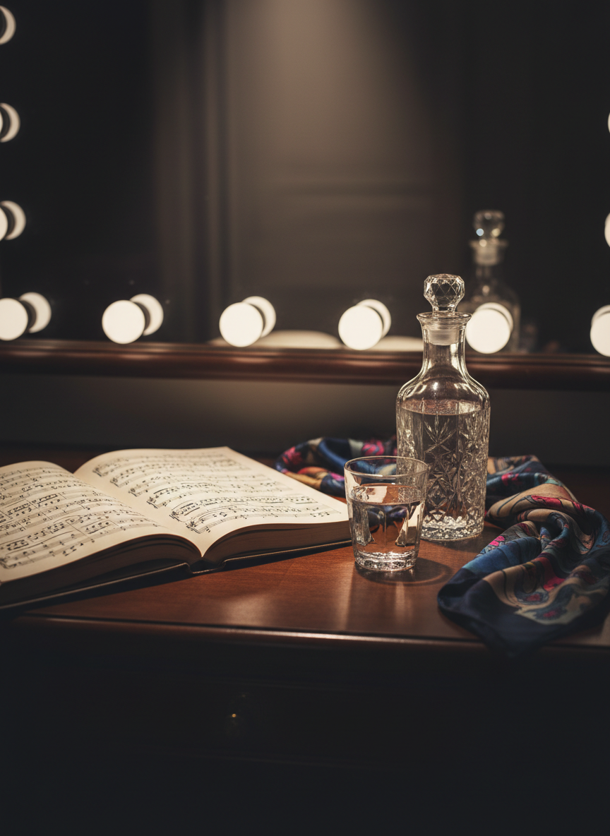 An opulent dressing room tabletop viewed in photographic realism, featuring an open leather-bound opera score annotated with neat markings, a crystal carafe of water beside a cut-glass tumbler, and a silk scarf in muted jewel tones draped casually across the surface. The tabletop is a dark polished wood that reflects a row of unlit round vanity bulbs along the mirror’s edge. Only a single warm spotlight above illuminates the scene, casting soft highlights on the crystal facets and gentle shadows from the score’s pages. The atmosphere feels contemplative and refined, suggesting pre-performance focus. Shot at eye level, framed using the rule of thirds, with the score as the primary focal point and the mirror edge receding into a subtly blurred background, emphasizing quiet elegance and artistic discipline.
