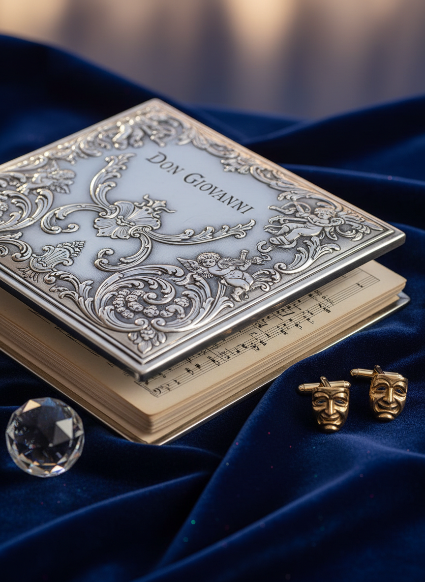 A close-up of an intricately engraved silver opera score cover resting on a deep midnight-blue velvet cloth. The metal surface gleams with delicate reflections, its flourished title subtly embossed, while finely textured pages fan slightly open beneath. Around it lie a pair of antique gold cufflinks shaped like miniature theater masks and a small crystal paperweight catching prismatic highlights. Soft, directional studio lighting from the left creates refined shadows and a luxurious sheen on the velvet folds. The mood is intimate and sophisticated, evoking the meticulous preparation behind opera artistry. Photographic realism, captured from a slightly elevated angle with a shallow depth of field, keeps the score cover in sharp focus while the surrounding objects blur into a tasteful, elegant bokeh.