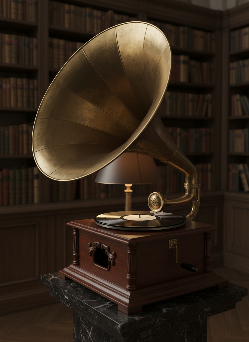 A finely crafted, vintage gramophone with a deep brass horn and mahogany base sits atop a dark marble pedestal in a dim, elegant room lined with floor-to-ceiling bookshelves filled with leather-bound scores and librettos. A delicate black vinyl record labeled with a famous opera title spins slowly, catching glints of light along its grooves. A single shaded table lamp casts a pool of warm, focused light over the gramophone, leaving the background bookshelves in a soft, velvety shadow. The mood is nostalgic and sophisticated, suggesting a deep reverence for opera history. Photographic realism, shot from a low, three-quarter angle to make the horn feel grand and sculptural, with a shallow depth of field that keeps the gramophone in crisp detail against an atmospheric, blurred backdrop.