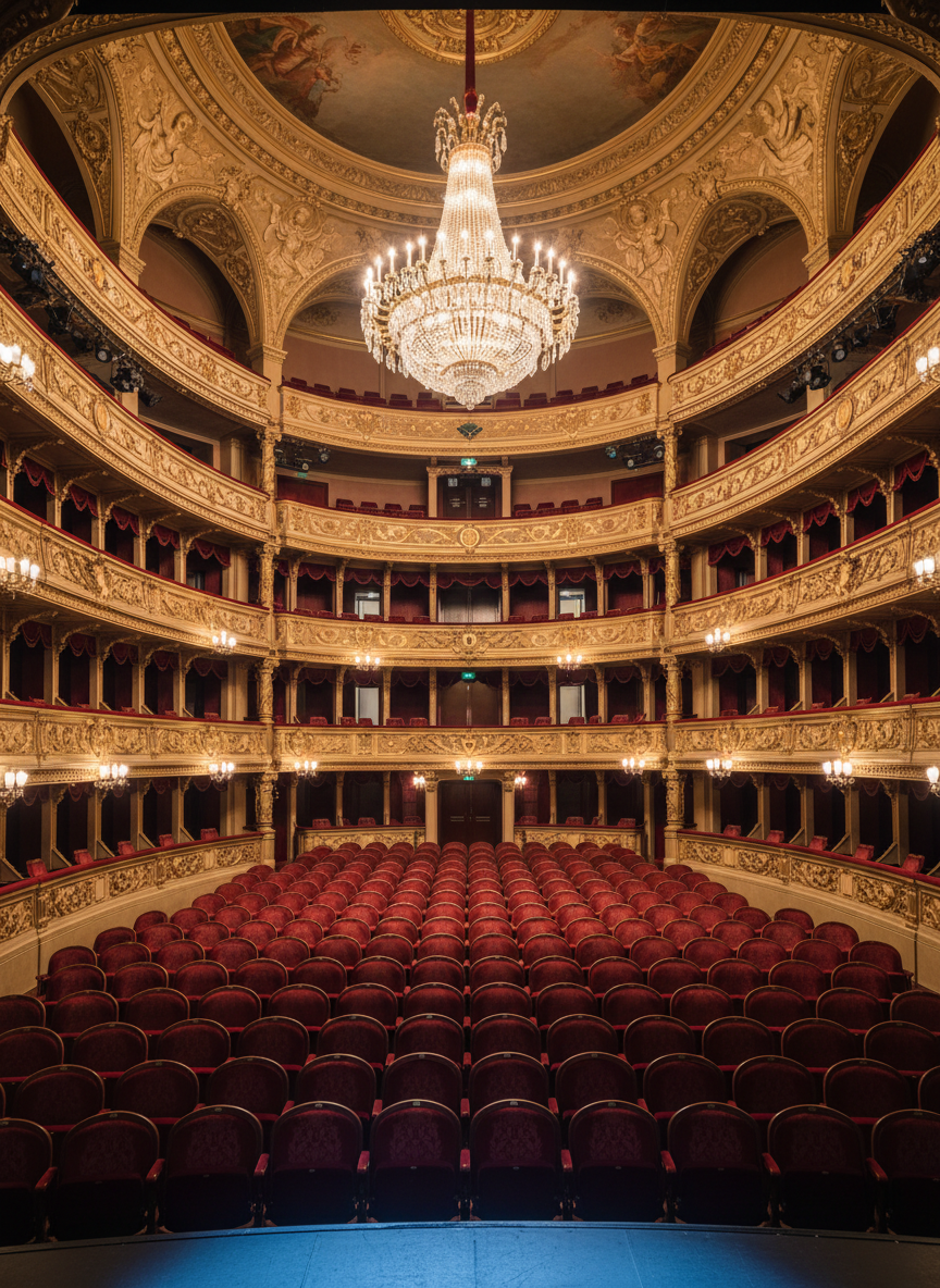 A richly detailed opera house interior captured from the perspective of the stage, facing an empty auditorium. Plush red seats curve in graceful rows, leading toward multiple gilded balconies adorned with ornate carvings and velvet drapery. The grand chandelier at the center ceiling glows warmly, sending a cascade of light that reflects off golden embellishments and polished wood railings. The scene is lit by a balanced combination of house lights and a subtle, cool spotlight from the stage, creating depth and contrast. The atmosphere is majestic yet serene, evoking the solemn beauty of great opera houses. Photographic realism, wide-angle lens, sharp focus throughout, with a symmetrical composition that accentuates architectural splendor and the timeless world of classical music and lyrical performance.