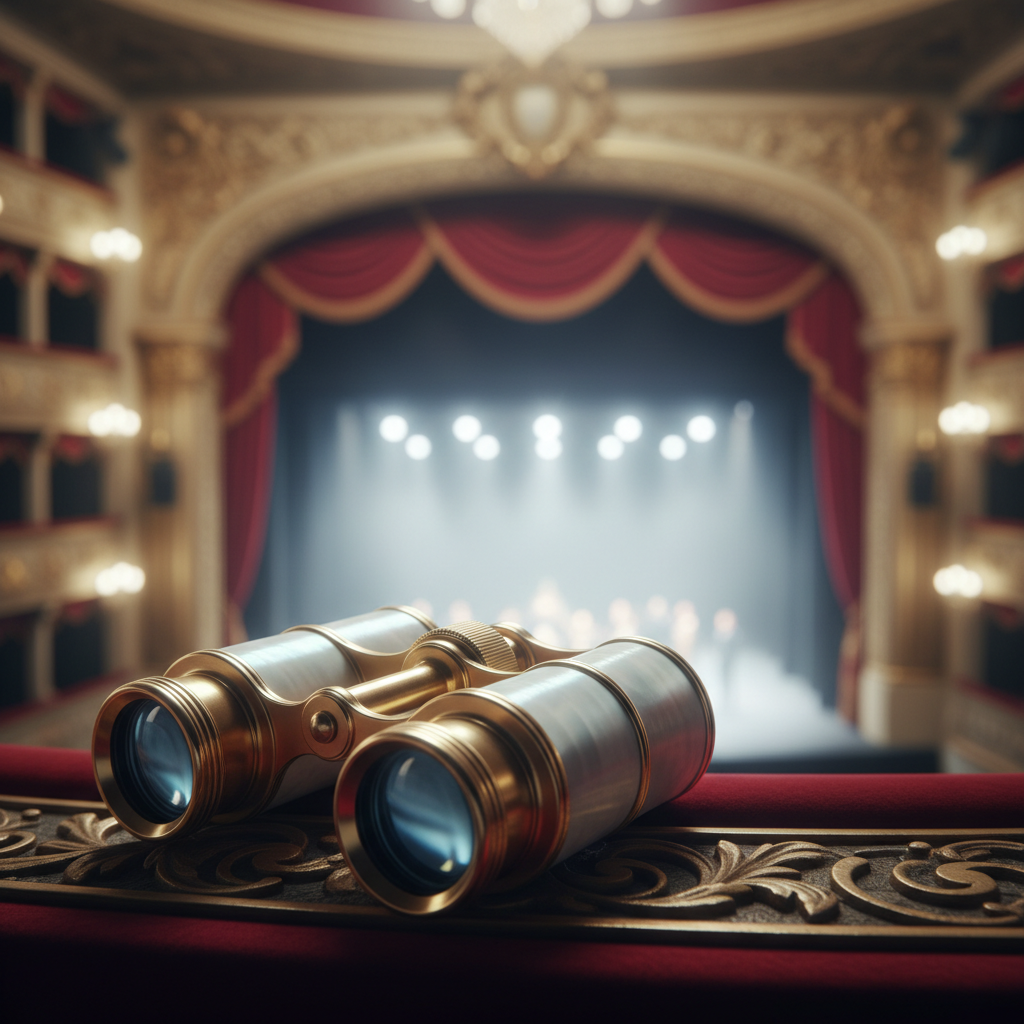 A pair of exquisitely designed opera binoculars rests on the carved wooden railing of a theater box, their polished mother-of-pearl barrels and gold trim catching the glow from the stage below. Beyond them, softly out of focus, stretches the luminous proscenium arch, edged with gilded ornamentation and lush red curtains. The stage is bathed in cool, ethereal light and a discreet haze, hinting at an unfolding drama without revealing details. The lighting creates gentle highlights along the binoculars’ curves and subtle reflections on the wood grain. Photographic realism, shot from a close, low angle with the binoculars filling the foreground and the stage diffused into creamy bokeh, conveying sophisticated anticipation and the intimate privilege of opera observation.