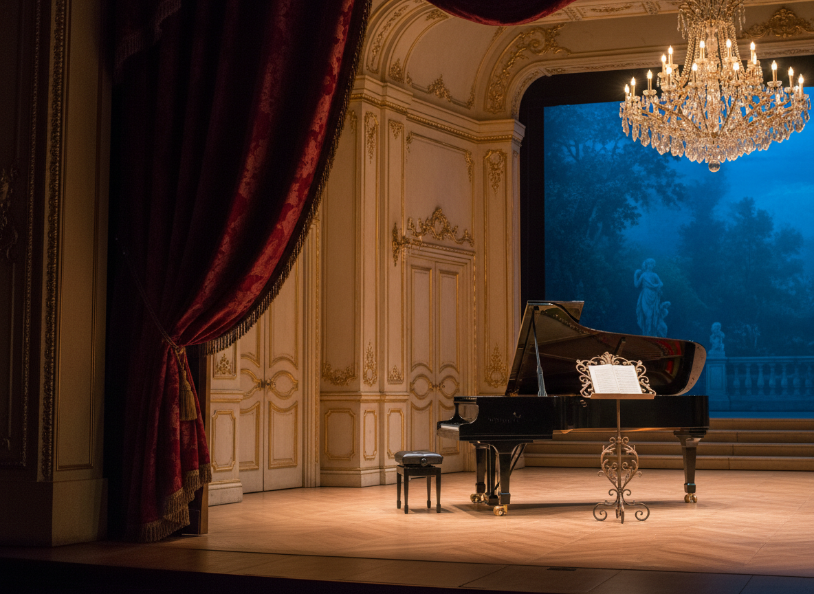 A grand opera stage viewed from the wings, with rich crimson velvet curtains partially drawn to reveal an empty, meticulously detailed set representing a 19th-century salon. Gilded architectural moldings, a gleaming black concert grand piano, and a single ornate music stand occupy the polished wooden floor. Overhead, a crystal chandelier scatters soft, warm light, while subtle blue backlighting creates depth in the distant backdrop. The atmosphere is anticipatory and sophisticated, as if a performance is moments away. Photographic realism, shot at eye level with a slight three-quarter angle, uses a shallow depth of field to keep the foreground curtains softly blurred while the stage elements are in crisp focus, emphasizing elegance and operatic grandeur.